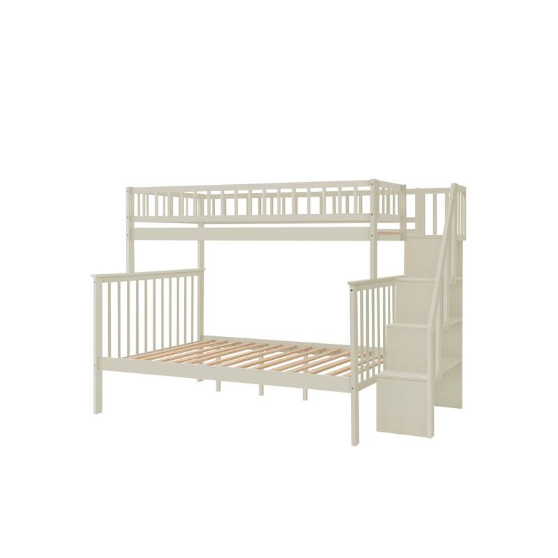 Cream Twin over Full Stairway Bunk Bed with Trundle and Storage