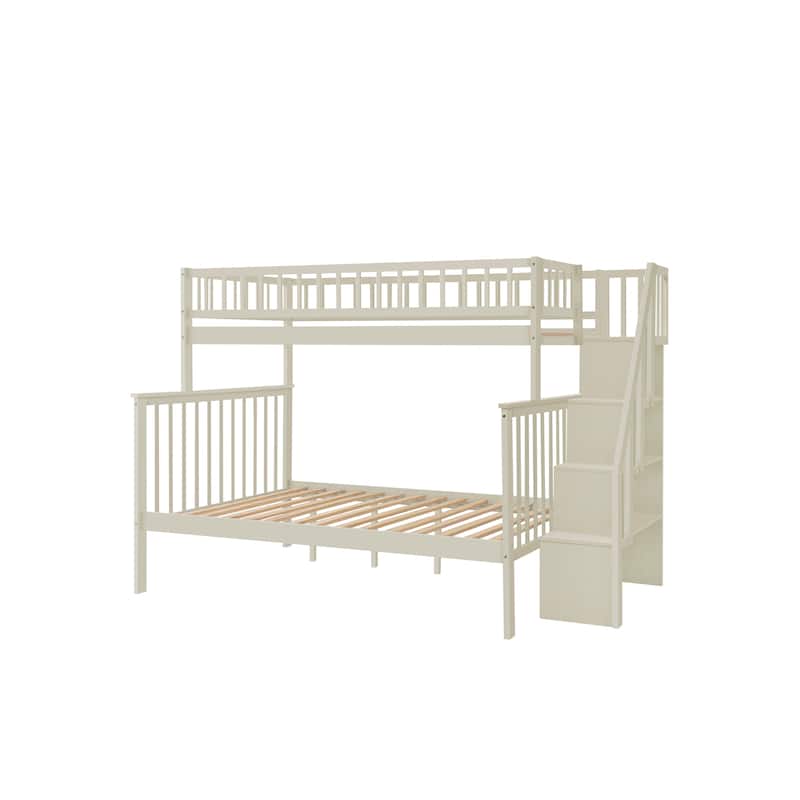 Twin over Full Stairway Bunk Bed with Trundle,Cream