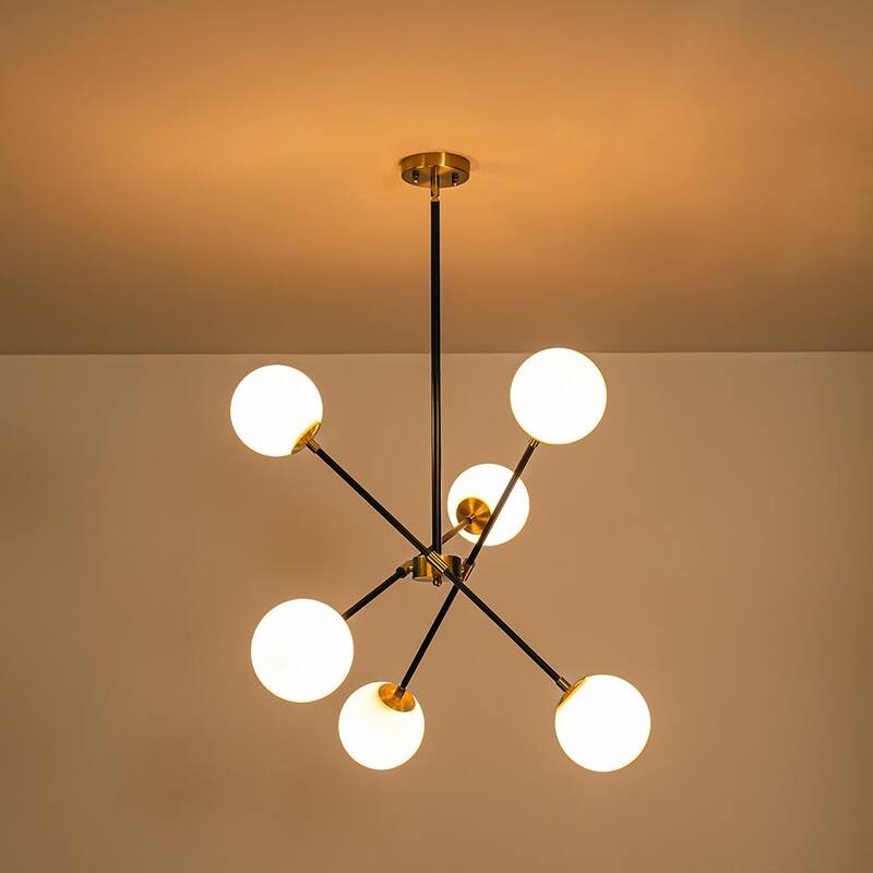 Mid-Century Adjustable Arm White Glass Globe Sputnik Chandelier