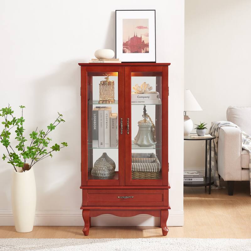 Lighted Glass Display Cabinet Glass Wine Cabinet with Adjustable Glass Shelves Two Doors and One Drawer Bulb
