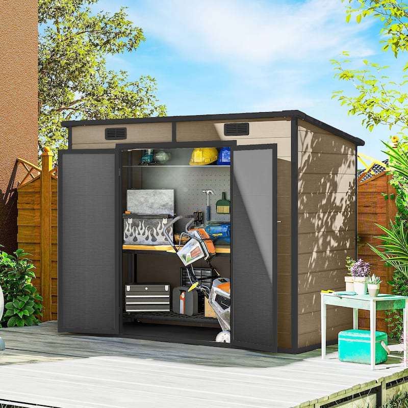 Outsunny 8' x 4' Outdoor Storage Shed, Resin Plastic Shed with Floor, Window, Lockable Doors and Vents, All-Weather Tool Shed - Brown