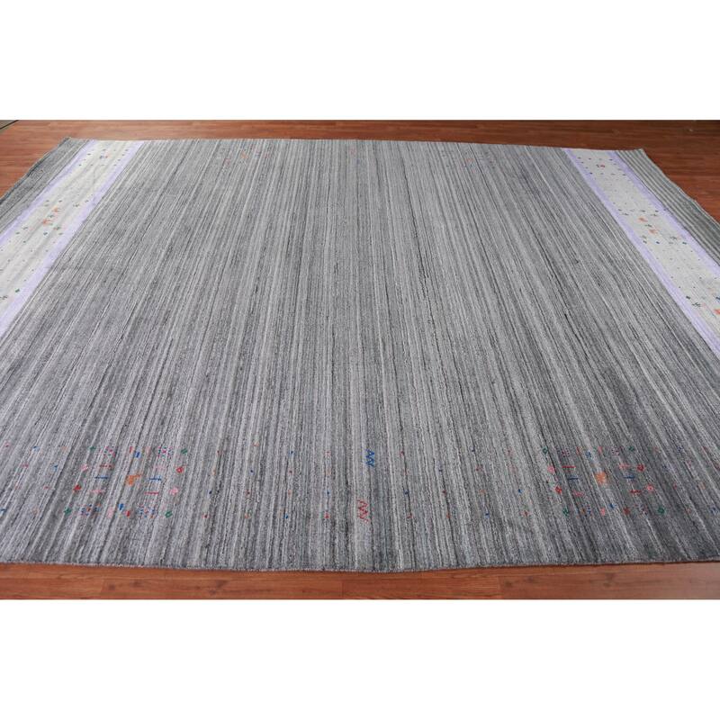 Hand Knotted Oriental 100% Wool Carpet Tribal Stripe Greys & Charcoal Gabbeh Area Rug - 12' 6'' X 9' 3''