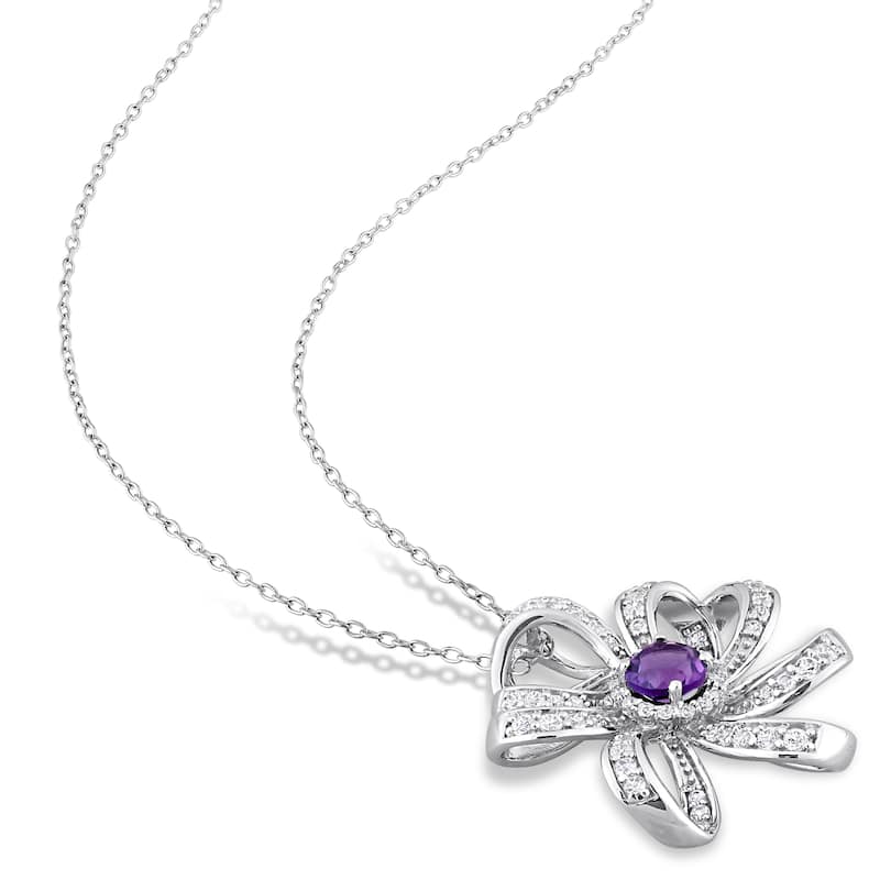 Miadora African Amethyst and White Topaz Floral Necklace in Sterling Silver
