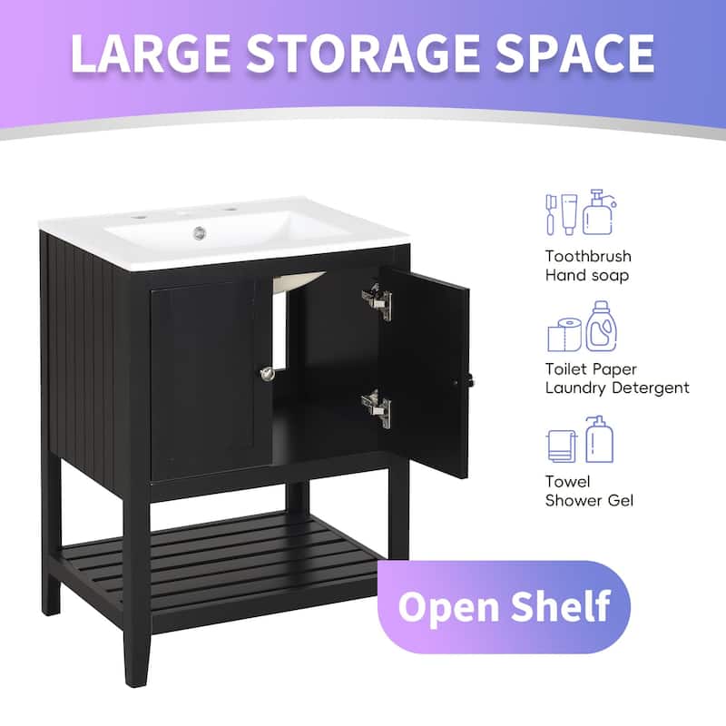 24" Bathroom Wood Storage Vanity Cabinet with Ceramic Sink and Shelf