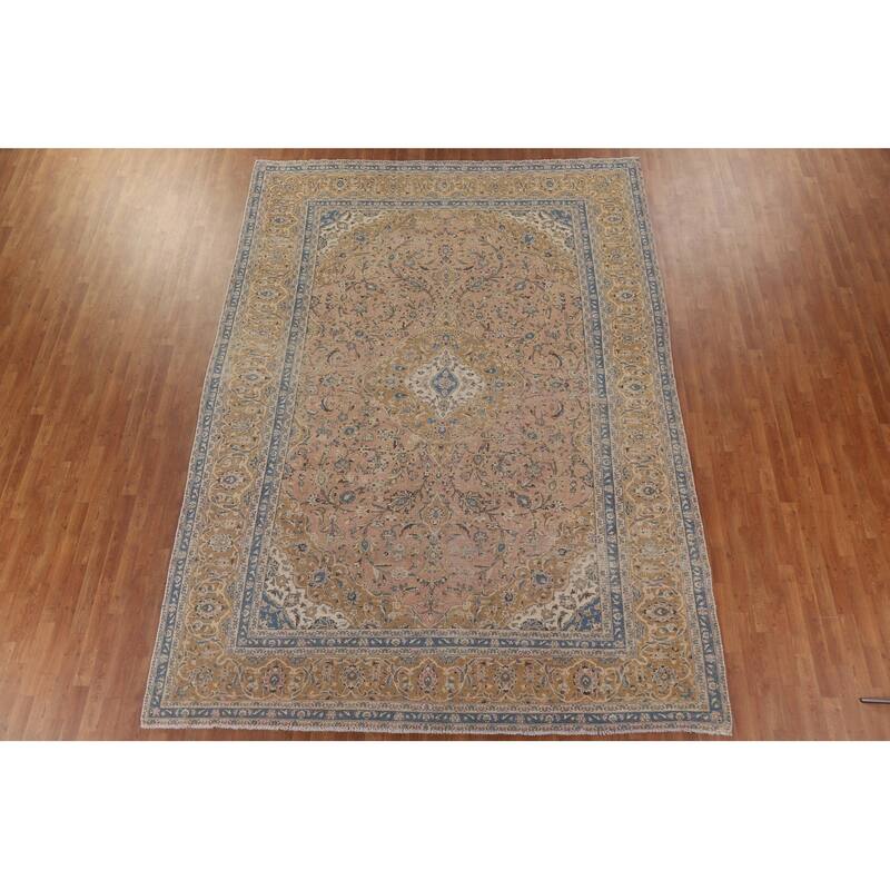 Distressed Floral Kashan Persian Antique Area Rug Handmade Wool Carpet - 9'0" x 12'5"