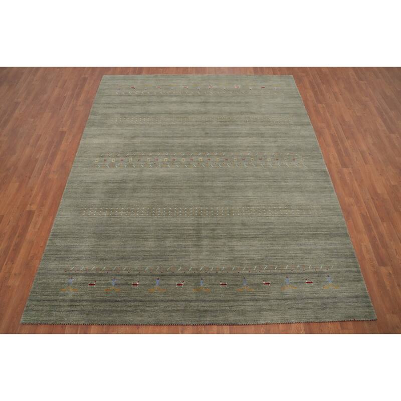 Hand Knotted Oriental 100% Wool Carpet Tribal Animal Pictorial Green Gabbeh Area Rug - 9' 8'' X 7' 11''