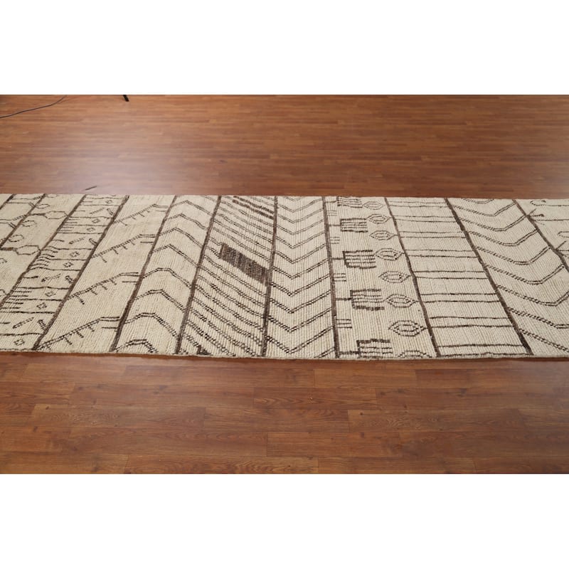 Geometric Ivory Moroccan Oriental Runner Rug Hand-Knotted Wool Carpet - 3'10"x 12'7"