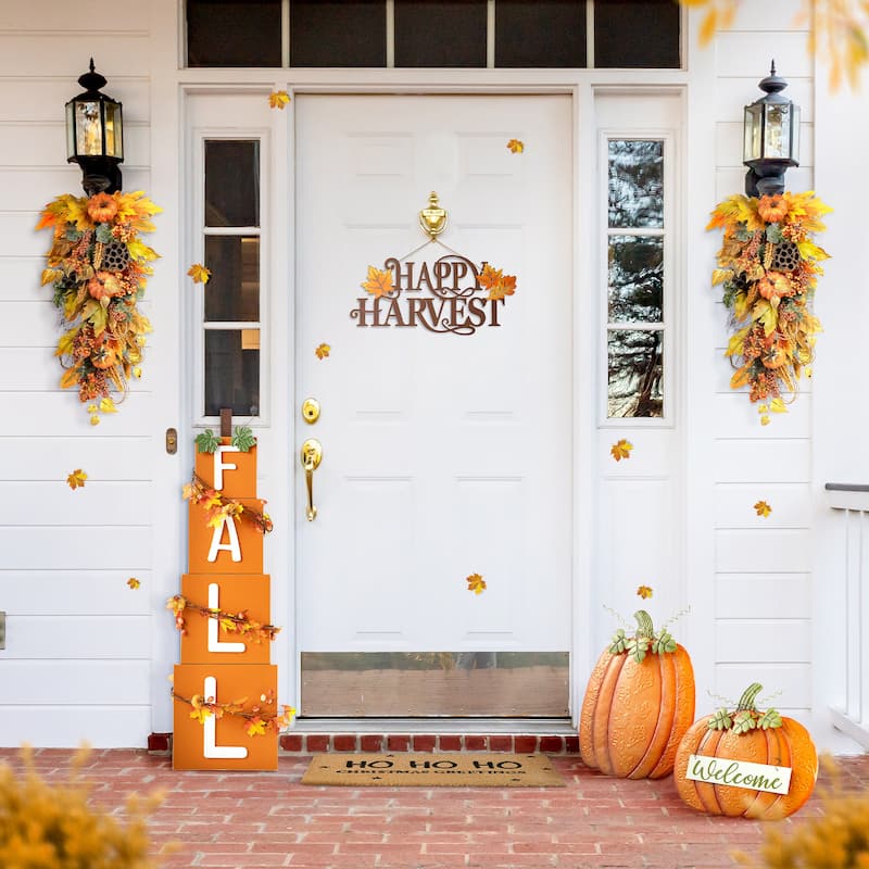 Glitzhome Set of 2 Fall Metal Embossed Glitter Pumpkin Porch Decor