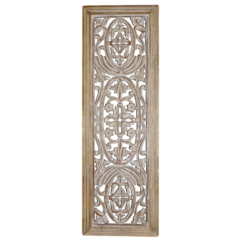Rectangular Mango Wood Wall Panel Hand Crafted With Intricate Carving, White and Brown - Blue