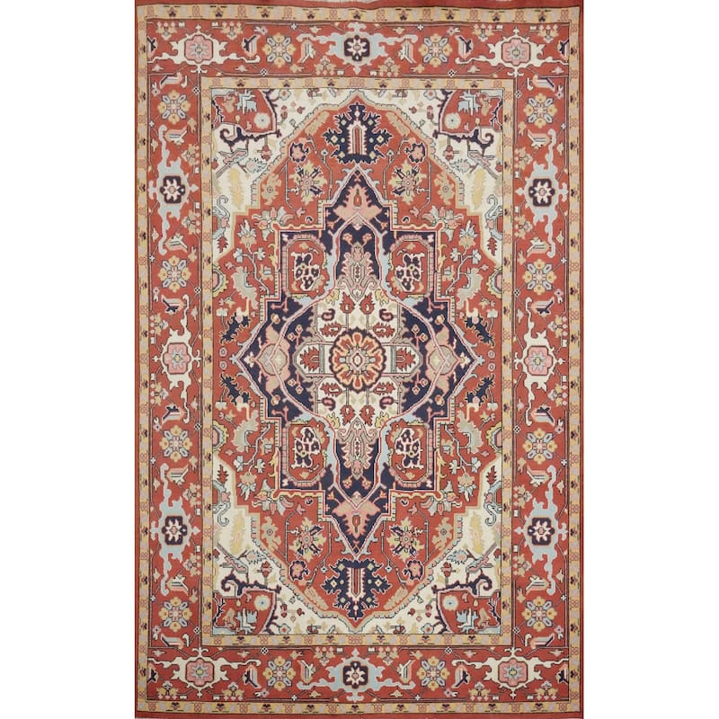 Hand Knotted Oriental 100% Wool Carpet Traditional Medallion Oranges & Rust Heriz (serapi) Area Rug - 9' 1'' X 6' 2''