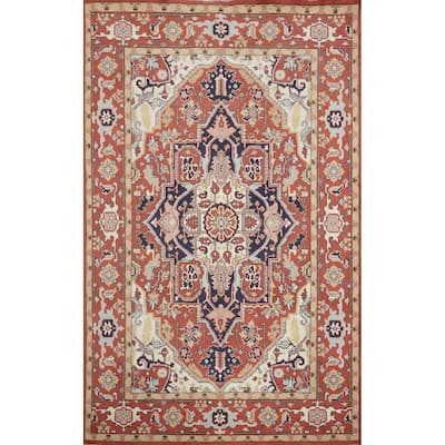 Hand Knotted Oriental 100% Wool Carpet Traditional Medallion Oranges & Rust Heriz (serapi) Area Rug - 9' 1'' X 6' 2''