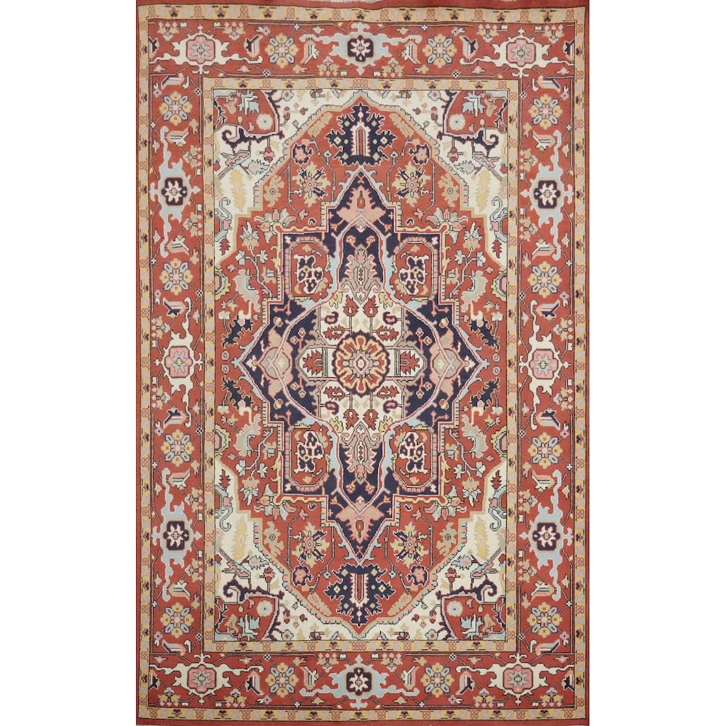 Hand Knotted Oriental 100% Wool Carpet Traditional Medallion Oranges & Rust Heriz (serapi) Area Rug - 9' 1'' X 6' 2''