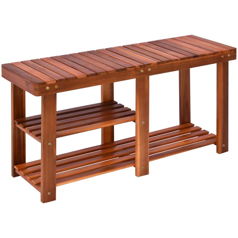 Teak Ottoman Bench Shoe Rack Bench with Three Tier Open Shelves, Wooden Dining Bench Window Bench Decorative Bench