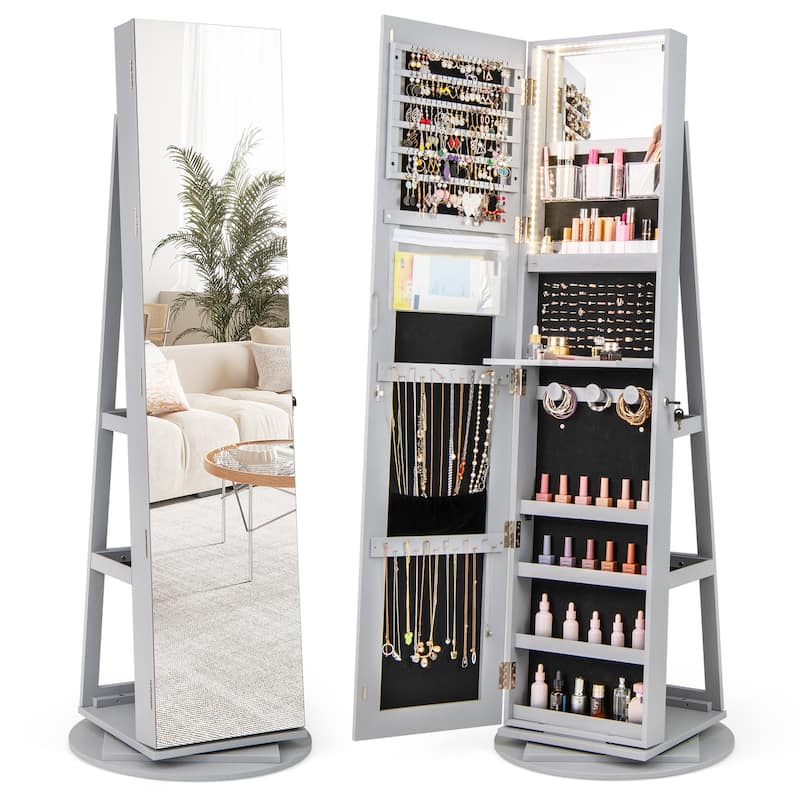 Gymax Rotating Mirrored Jewelry Cabinet Armoire 3 Color LED Modes - Grey
