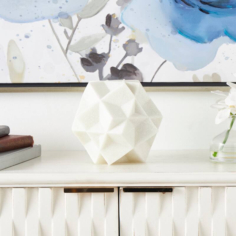 White Polystone Dimensional Ball Geometric Decorative Sculpture with Speckled Texturing - White
