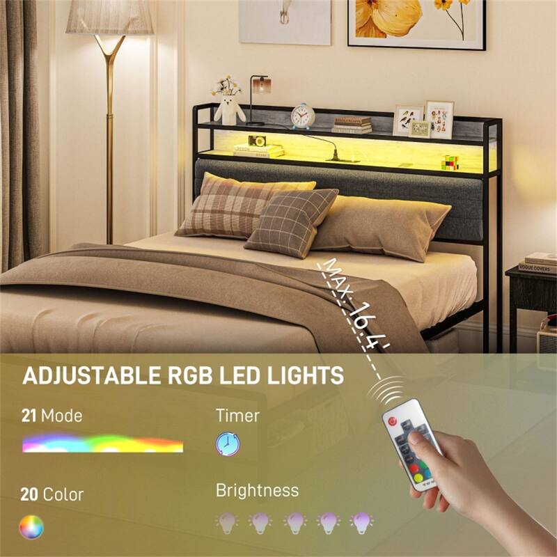 Platform Bed with Powder-Coated Metal Frame and RGB LED Remote Lights USB Charging