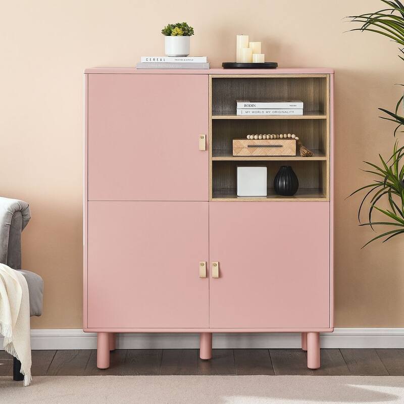 3 Doors Wooden Cabinet with Leather Handle - Pink