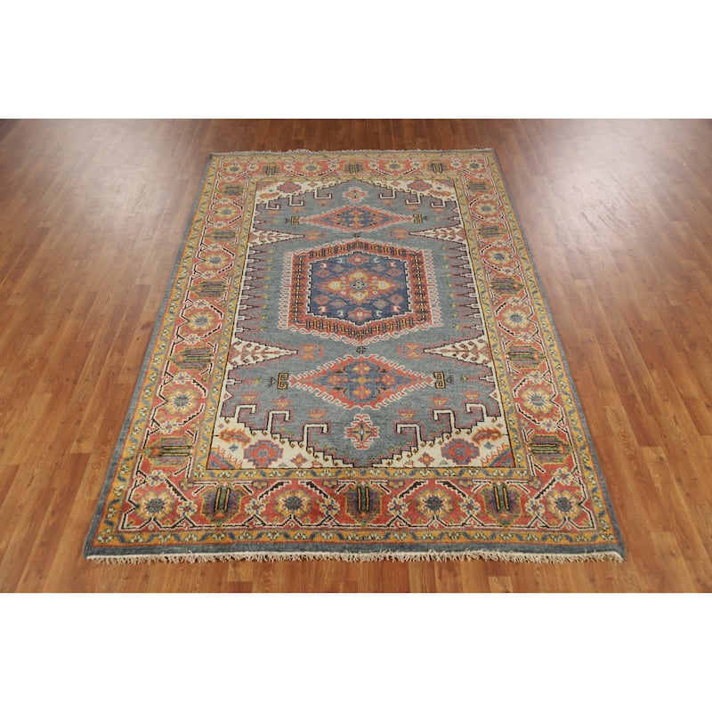 Blue Viss Indian Area Rug Hand-Knotted Wool Carpet - 6'0" x 8'10"