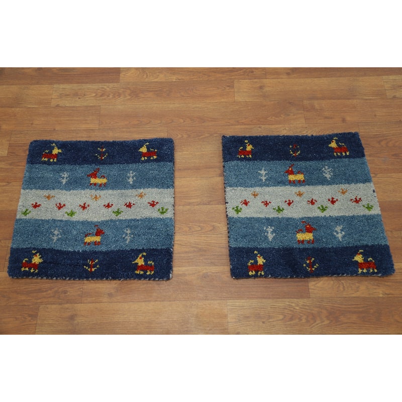 Hand Knotted Oriental 100% Wool Carpet Tribal Animal Pictorial Navy Blue & Blues Gabbeh Area Rug - 1' 4'' X 1' 4''