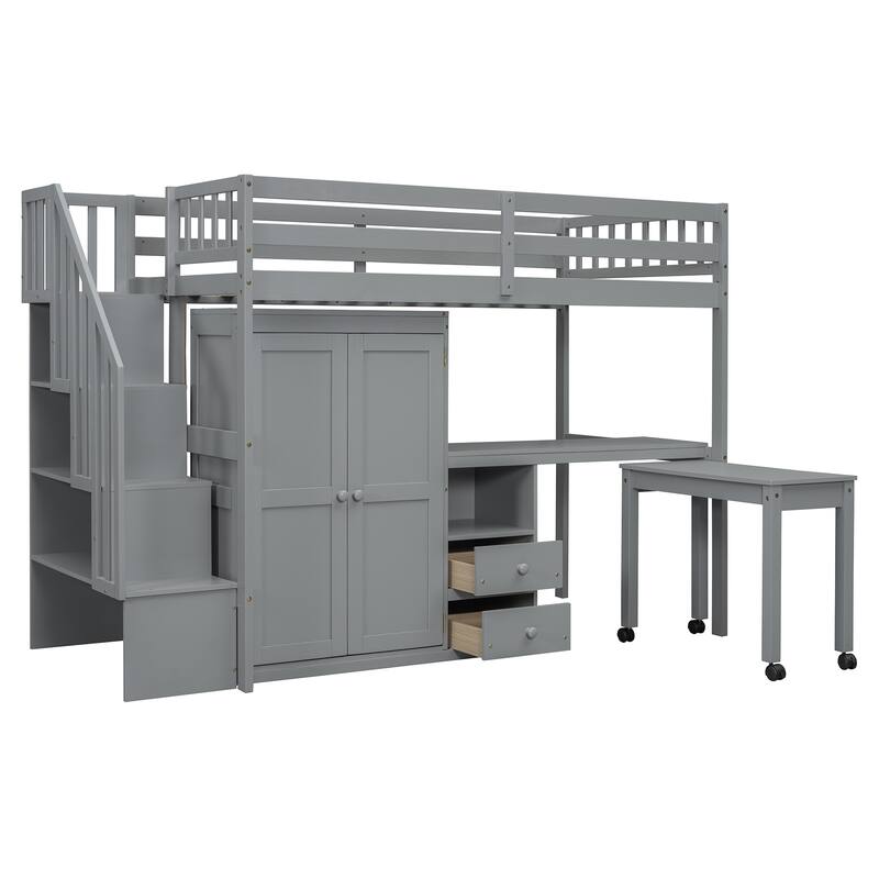 Twin Size Loft Bed with Stairs, Bookshelf, Desk & Wardrobe - Space-Saving Multifunctional Furniture for Kids & Teens-White