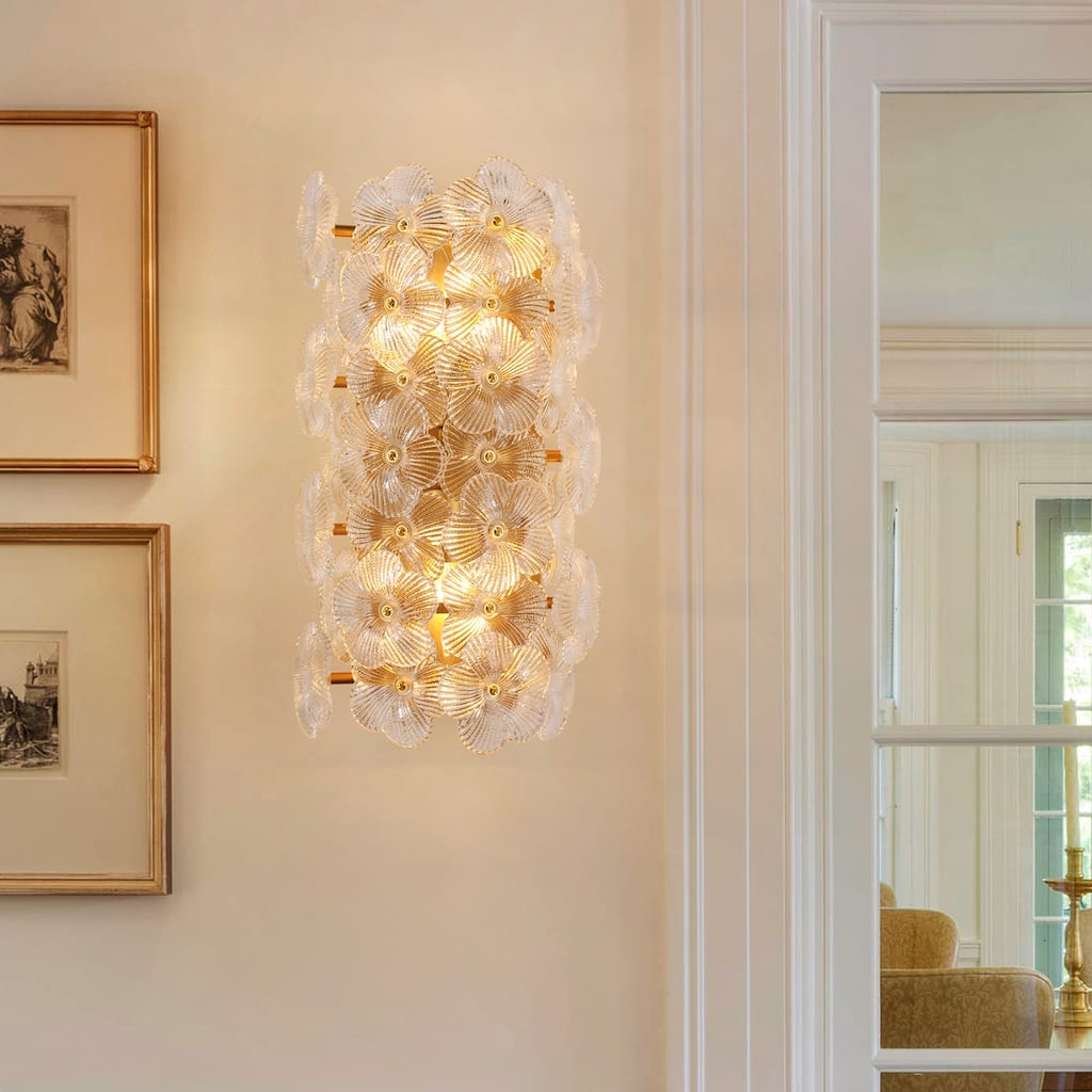 Luxury Gold 2-Light Wall Sconce with Clear Ribbed Glass Floral Shades