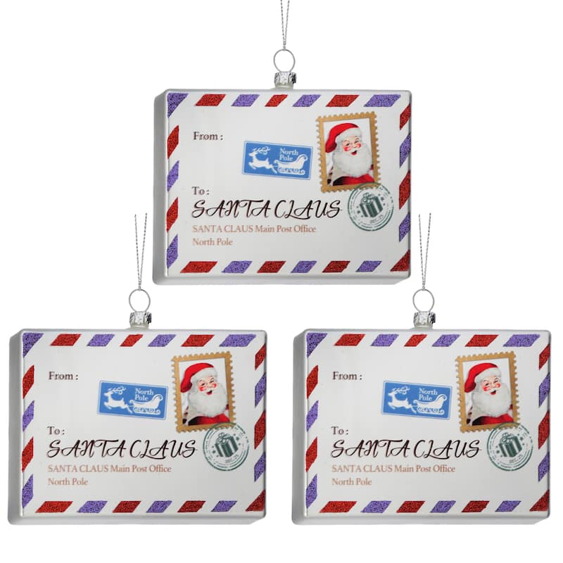 4.25" Glass "Santa Claus" Post Card Ornament Set of 3
