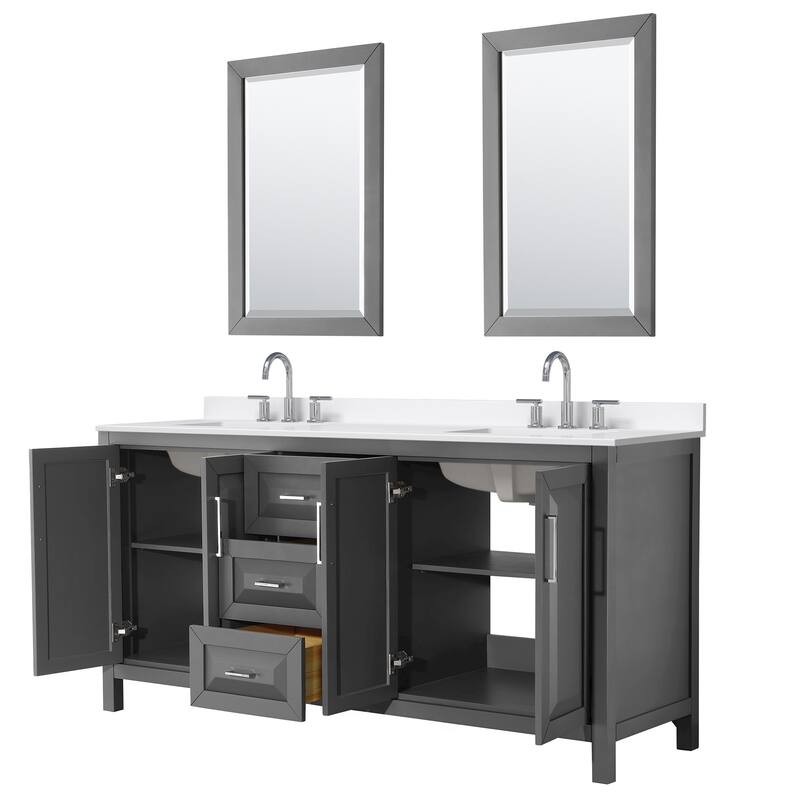 Daria 72-inch Double Vanity, 3 Hole Quartz Top, 24-inch Mirrors