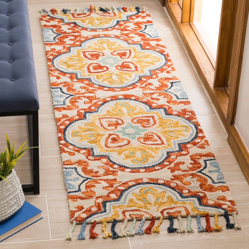 SAFAVIEH Handmade Aspen Misao Boho Tassel Wool Rug - 2'3" x 7' Runner - Beige/Rust