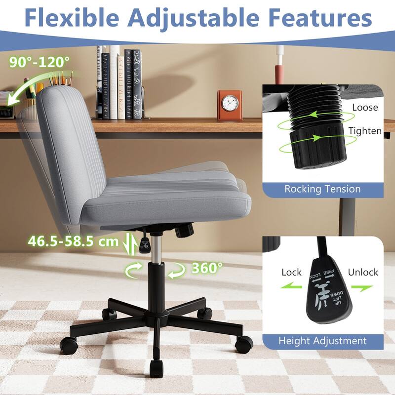 Extra Wide Armless Desk Chair with Adjustable Height and Linen Upholstery Criss Cross Swivel Base