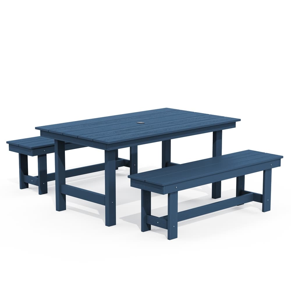 3-Piece HDPE Outdoor Dining Set with Umbrella Hole Table and Two 2-Person Benches