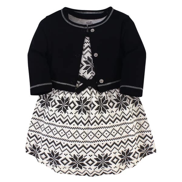 slide 1 of 1, Touched by Nature Baby and Baby Girl Organic Cotton Dress and Cardigan 2pc Set, Black Fair Isle 0-3 Months - Black Fair Isle