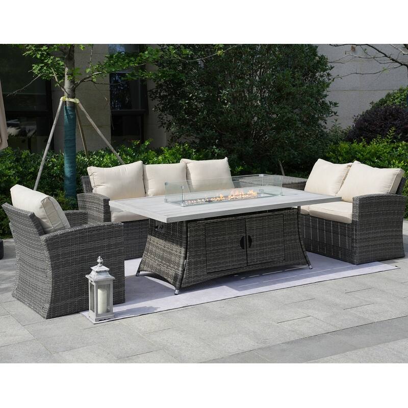 5-Piece Patio Wicker Conversation Sofa with Firepit Table and Storage Box