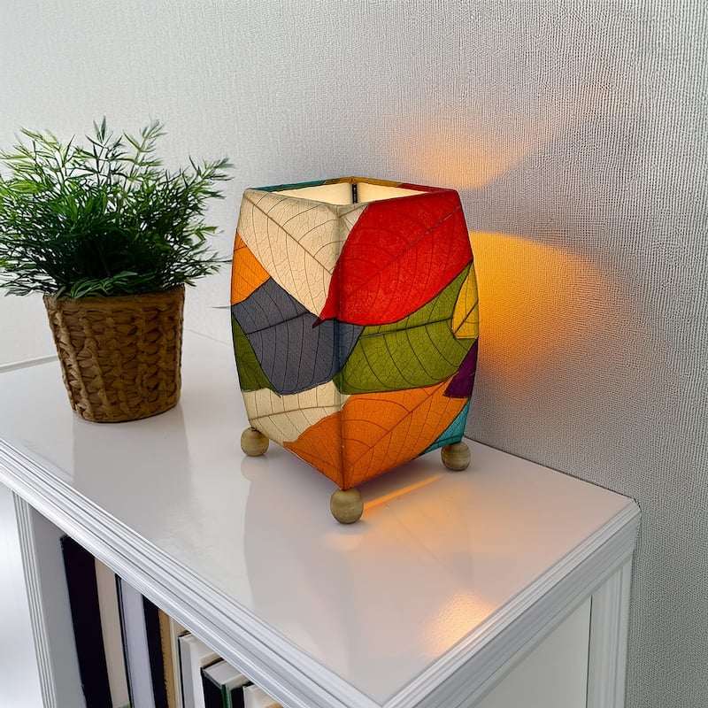 Handmade Mini Square Cocoa Leaf Table Lamp, Cocoa Leaves Shade, 6 x 6 x 9 in.