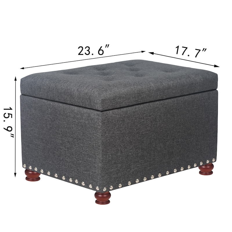 Adeco Storage Ottoman Tufted Linen Wood Bench with Nails
