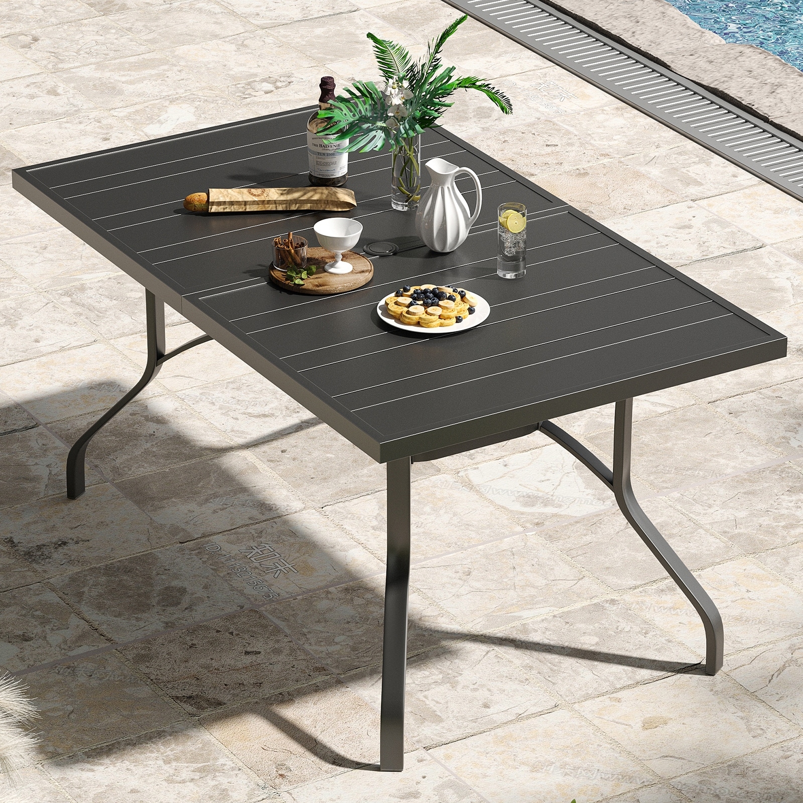 Outdoor Dining Table 60"x35", Rectangle Patio Dining Table with 1.57" Umbrella Hole, Outdoor Metal Furniture, Weather-Resistant