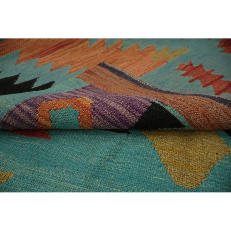 Hand Woven Oriental 100% Wool Carpet Southwestern Modern Navy Blue & Blues Kilim Area Rug - 11' 6'' X 4' 10''