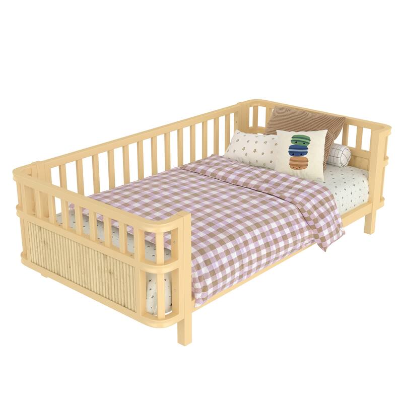 Children's double wooden platform bed with railings, a low iron double bed with railings, suitable for girls and boys (Twin)