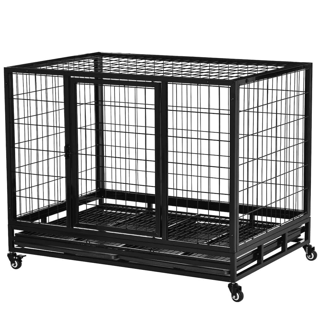 Black Metal Dog Crate with Front and Top Access Slide-Out Tray and Lockable Rolling Wheels