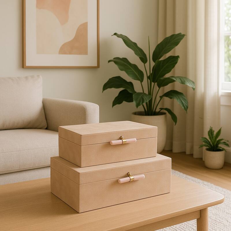 Wood Decorative Boxes with Stone Handle and Lid (Set of 2) - 4/7" Tan - 14" x 8" x 6"