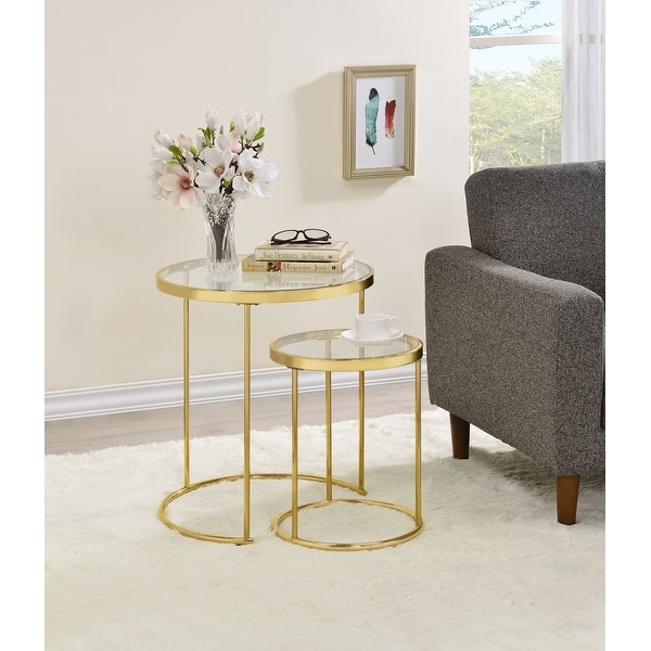 slide 2 of 2, Maylin 2-piece Round Glass Top Nesting Table Set Gold