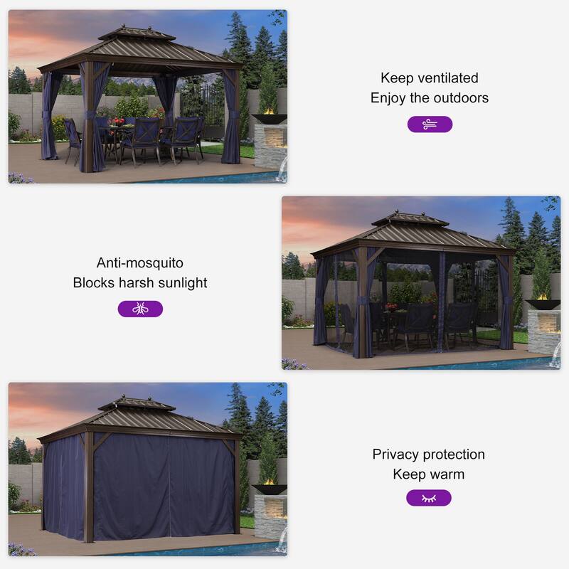 PURPLE LEAF Hardtop Aluminum Gazebo with Curtains and Netting, Double Roof Patio Gazebo