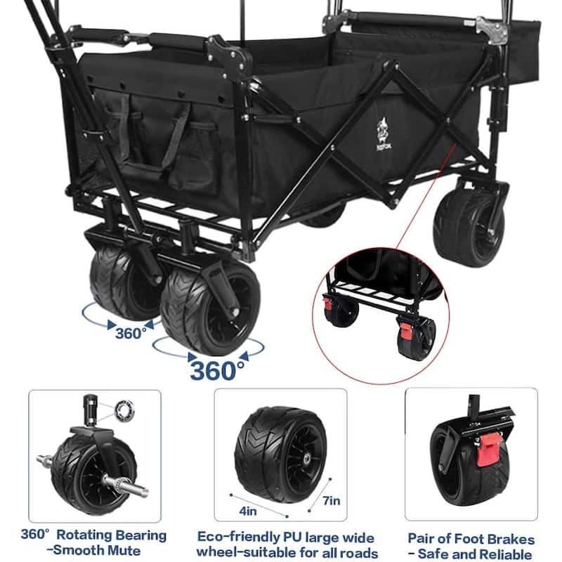 Deluxe 140L Collapsible Wagon with Removable Canopy & Cooler Bag - All-Terrain Wheels with Brake