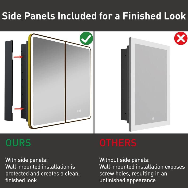 32 in. W x 30 in. H Rectangular Iron Recessed/Surface Medicine Cabinet with Mirror, Anti-Fog, Fixed Iron Shelves, Gold