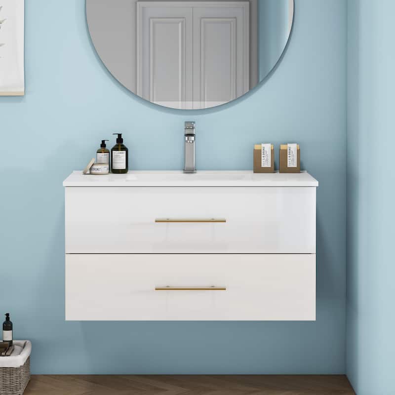 36-Inch Gloss Wall-Mounted Bathroom Vanity with Sink Combo,Double Drawers,Ceramic Sink, Long Gold Metal Handle - Glossy White
