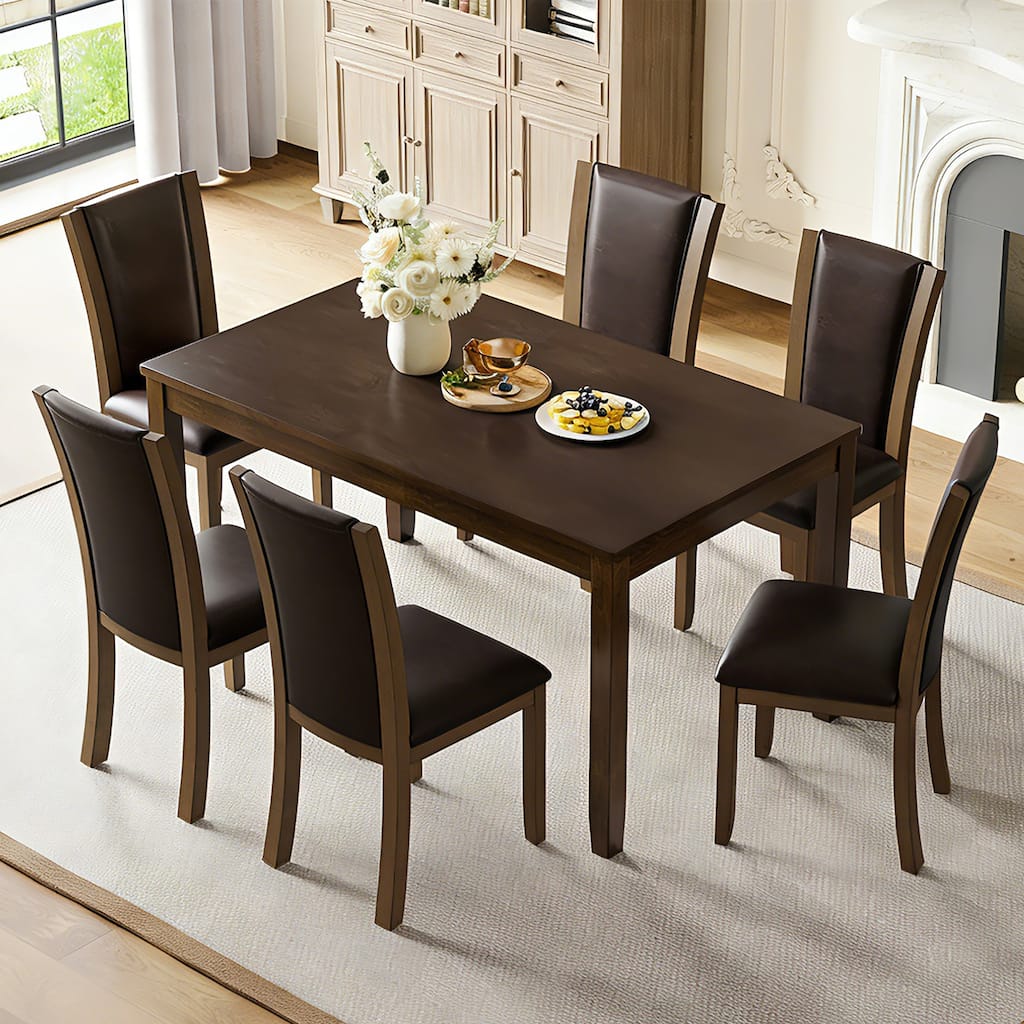 Modern 7-Piece Rectangular Dining Table Set with 6 Upholstered Chairs for Dining Room, Kitchen, Restaurant