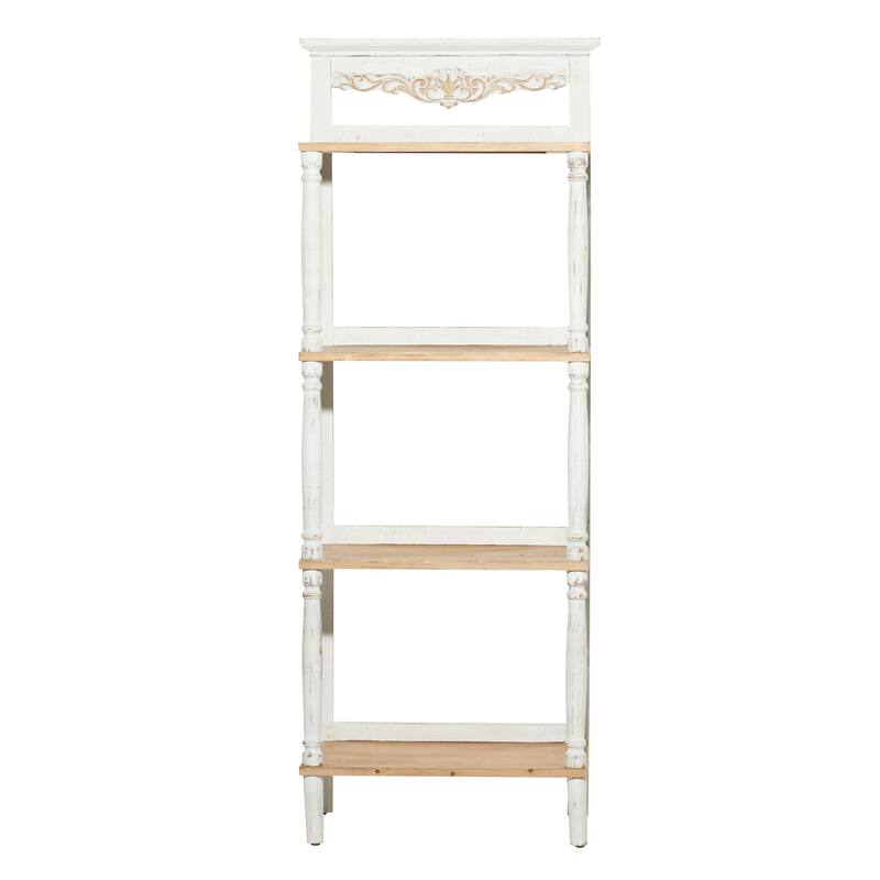 White Wood Intricately Carved 4 Shelves Floral Shelving Unit