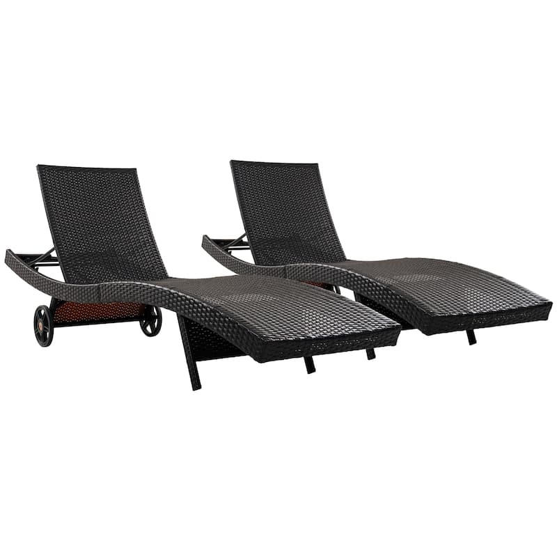 80"Patio Chaise Lounge Chairs Set of 2, Rattan Reclining Chair w/Rolling Wheels & Pull-out Side Table, Adjustable Backrest