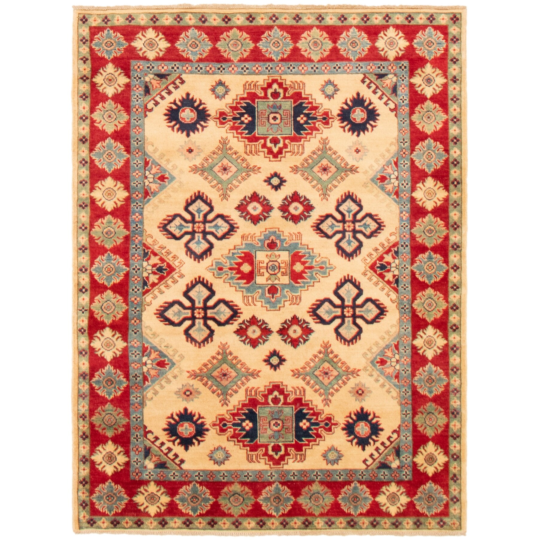 Chobi Finest Bordered Ivory Rug 4'9 x 6'7 Bedroom Hand-Knotted Wool Rug eCarpet Gallery Area Rug for Living Room 331621 