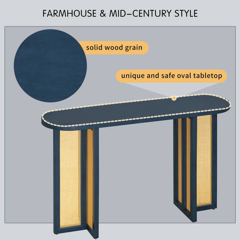 Farmhouse Rattan Console Table with Oval Top, Narrow Entryway Table Hallway Table Living Room Accent Table
