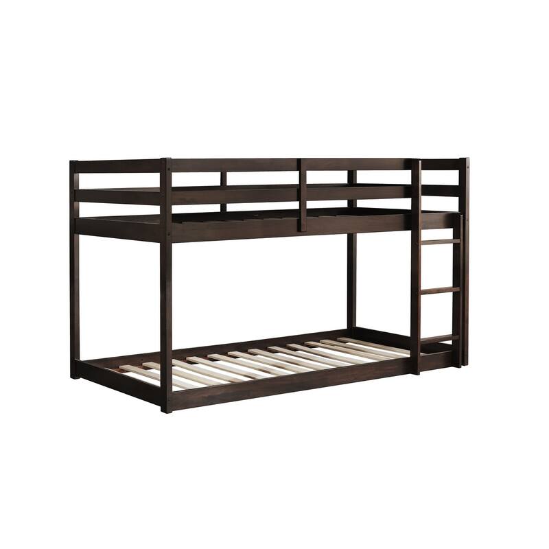 Wooden Twin over Twin Floor Bunk Bed with Ladder ,Upper and Bottom Bed Platforms